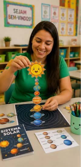 Professora com a turma montando o Sistema Solar