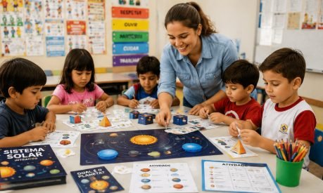 Professora montando os planetas na base